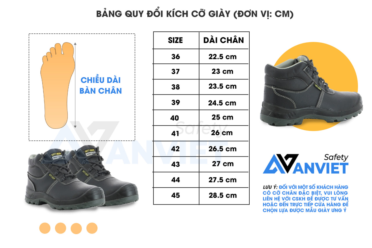 Bảng size chuẩn giày bảo hộ lao động ABC