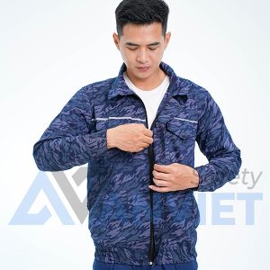 Áo điều hòa hai lớp cao cấp màu xanh loang có dải ghi phản quang AV11, Size M - Full bộ (áo + pin, quạt)